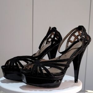 BCBGMaxAzria Black Suede Strappy Stiletto Heels with Platform Sandal size 6.5